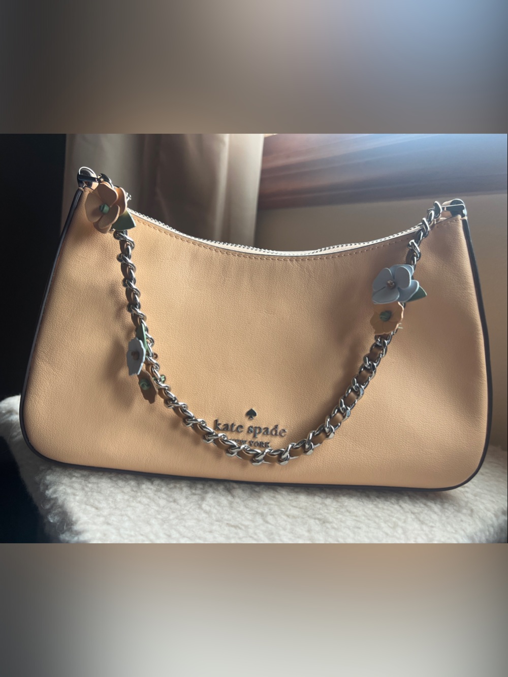 kate spade peach Leather Shoulder Bag with Floral Chain Accents